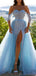 Sparkly Off the Shoulder Sweetheart A-line Side Slit Blue Long Prom Dress Online, OL230