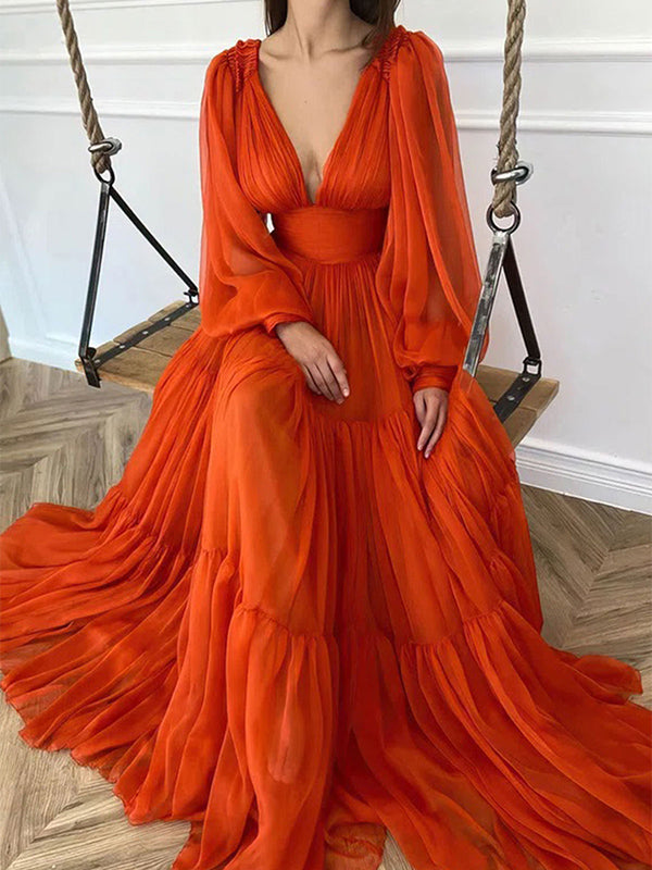 New Arrival Long Sleeves Deep V-neck Chiffon A-line Orange Evening Prom Dress, OL020