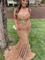 Sexy Spaghetti Straps V-neck Mermaid Sequins Marigold Long Evening Prom Dress, OL022