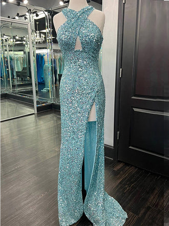 Sparkly Halter Mermaid Sequins Pool Long Evening Prom Dress with Side Slit, OL024