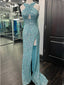 Sparkly Halter Mermaid Sequins Pool Long Evening Prom Dress with Side Slit, OL024