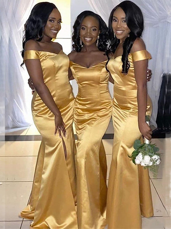 Simple Gold Off the Shoulder Mermaid Long Satin Bridesmaid Dresses with Side Slit, BG406
