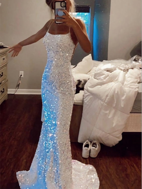 Sparkly Spaghetti Straps Mermaid Sequins White Long Evening Prom Dress Online, OL025
