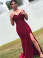 Elegant Off the Shoulder Applique Mermaid Burgundy Jersey Side Slit Long Evening Prom Dress Online, OL027