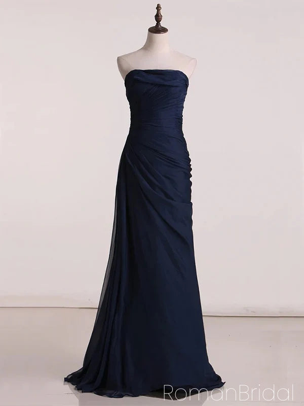 Dark Navy Strapless A-line Tulle Straight Neck Long Evening Prom Dress Online, OL028