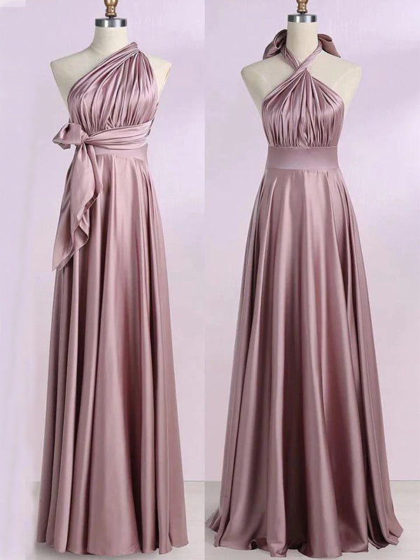 Dusty Rose Halter One Shoulder A-line Satin Sleeveless Long Evening Prom Dress Online, OL030