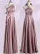 Dusty Rose Halter One Shoulder A-line Satin Sleeveless Long Evening Prom Dress Online, OL030