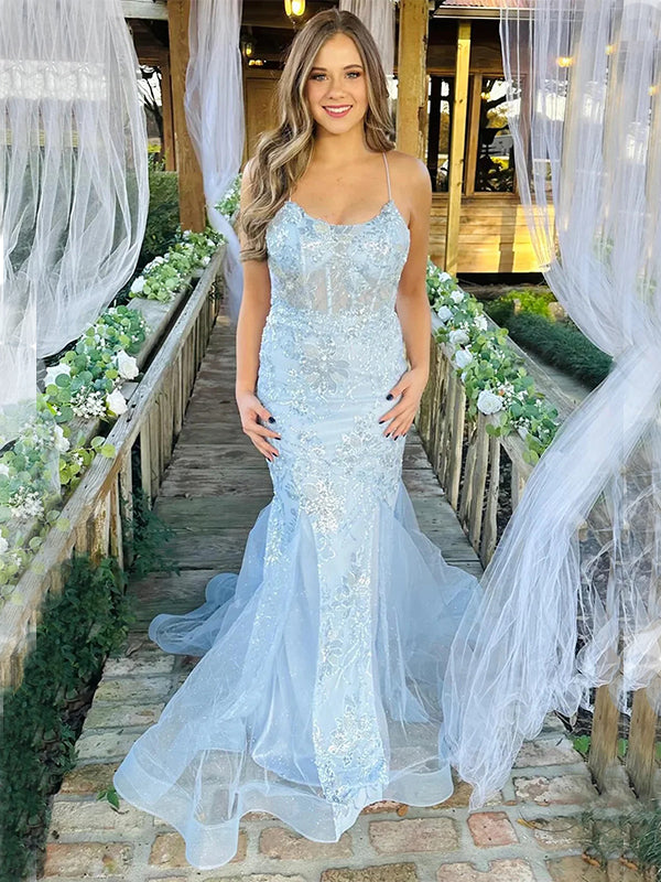 Spaghetti Straps Mermaid Tulle Long Evening Prom Dress Online, OL039