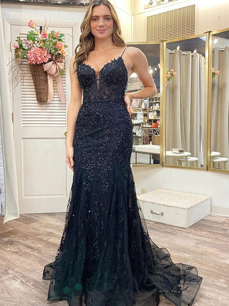 Charming Spaghetti Straps V-neck Mermaid Black Long Evening Prom Dress Online, OL040