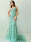 Charming Spaghetti Straps V-neck Mermaid Mint-green Long Evening Prom Dress Online, OL041