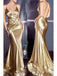 Sexy Spaghetti Straps Mermaid V-neck Gold Long Evening Prom Dress Online, OL046