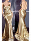 Sexy Spaghetti Straps Mermaid V-neck Gold Long Evening Prom Dress Online, OL046