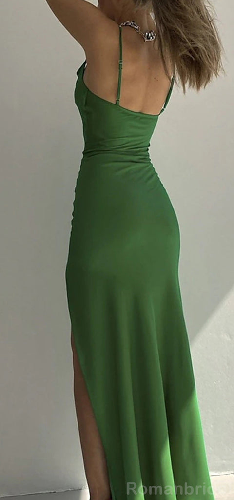 Simple Spaghetti Straps Long Side Slit Green Prom Dress Online, OL231