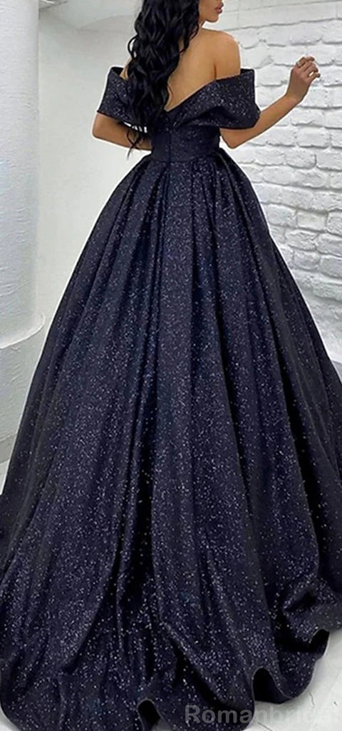 Sparkly Off the Shoulder V-neck A-line Long Dark Navy Prom Dress Online, OL232