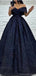 Sparkly Off the Shoulder V-neck A-line Long Dark Navy Prom Dress Online, OL232
