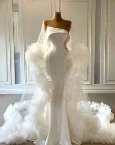 Fancy White Satin Mermaid Wedding Dresses Modern Strapless Gown With Tulle Trim,WD0627