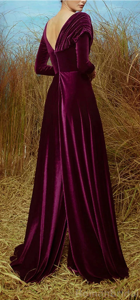 Elegant Long Sleeves A-line Velvet Purple Prom Dress with Side Slit, OL235