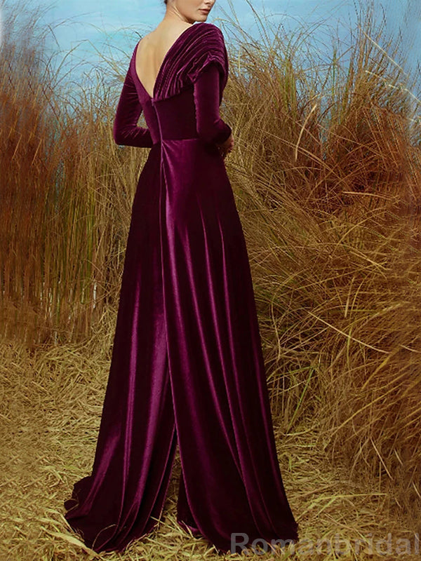 Elegant Long Sleeves A-line Velvet Purple Prom Dress with Side Slit, OL235