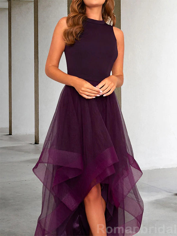 Elegant Halter Sleeveless Tulle Tea Length Purple Prom Dress Online, OL236