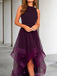 Elegant Halter Sleeveless Tulle Tea Length Purple Prom Dress Online, OL236