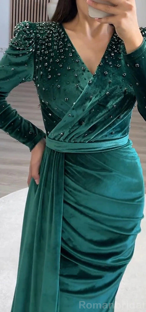 Elegant Beading Long Sleeves V-neck Mermaid Forest Green Prom Dress Online, OL237