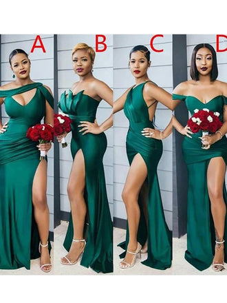 Mismatched Emerald Green Off the Shoulder Mermaid Satin Cheap Bridesmaid Dresses online, BG258