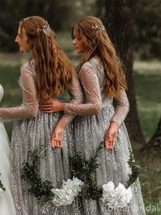 Sparkly Long Sleeves Illusion Floor Length Tulle A-line Bridesmaid Dresses, BG286