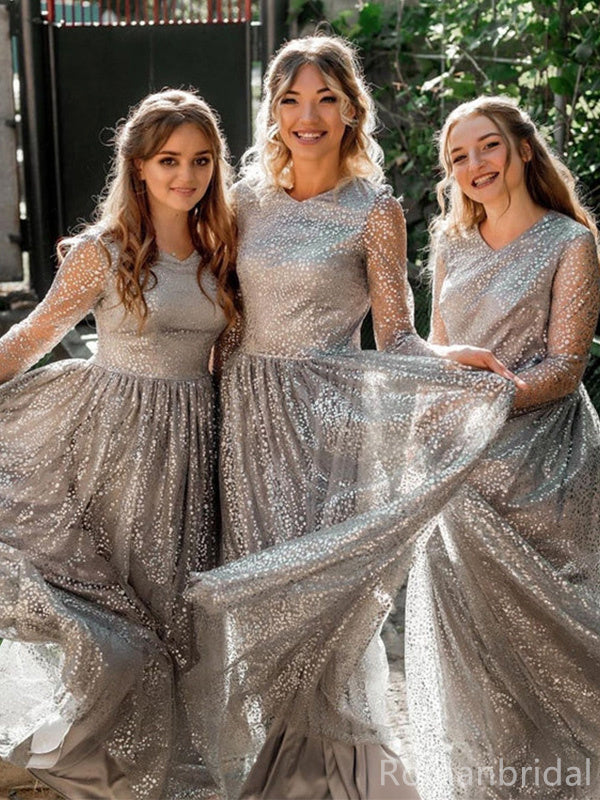 Sparkly Long Sleeves Illusion Floor Length Tulle A-line Bridesmaid Dresses, BG286