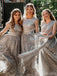 Sparkly Long Sleeves Illusion Floor Length Tulle A-line Bridesmaid Dresses, BG286