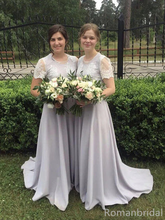 Elegant Short Sleeves Applique Tulle A-line Satin Floor Length Bridesmaid Dresses, BG287