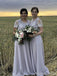Elegant Short Sleeves Applique Tulle A-line Satin Floor Length Bridesmaid Dresses, BG287