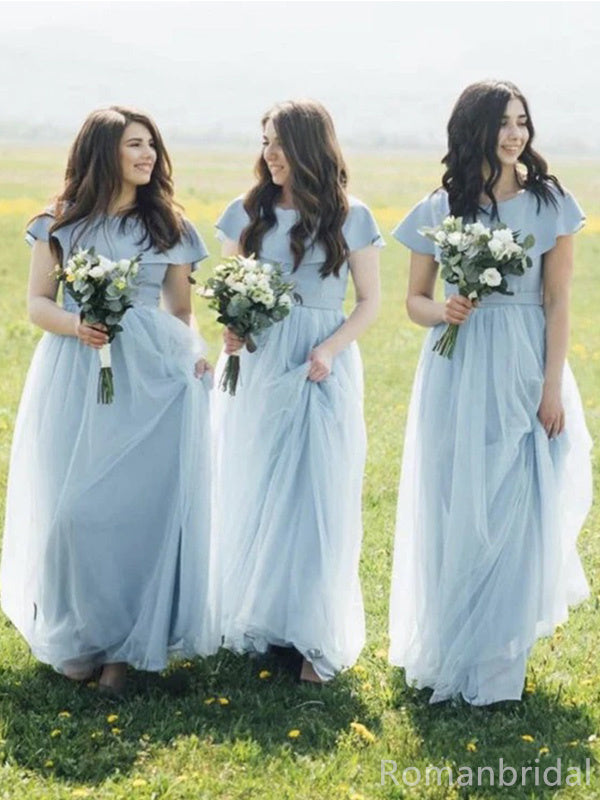 Elegant Ruffle Cap Sleeves A-line Tulle Bridesmaid Dresses, BG290