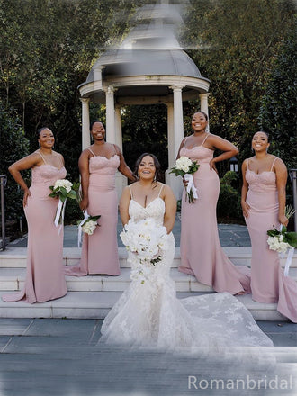 Simple Spaghetti Straps Mermaid Pink Long Bridesmaid Dreses Online, BG314