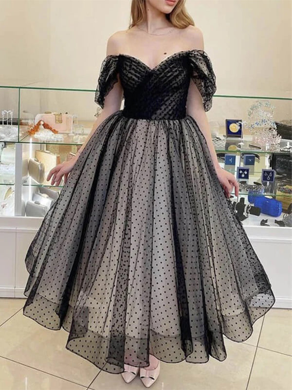 Elegant Off the Shoulder Polka dots A-line Black Homecoming Dresses, HD0581
