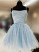 Elegant Spaghetti Straps A-line Tulle Light Blue Homecoming Dresses, HD0582