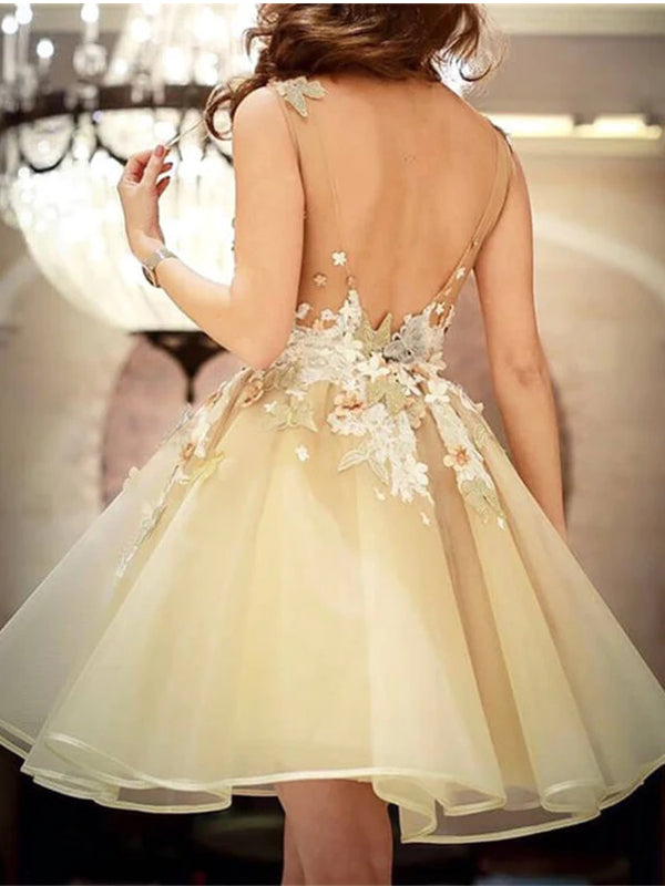 Elegant V-neck Sleeveless A-line Tulle Applique Flowers Yellow Homecoming Dresses, HD0584