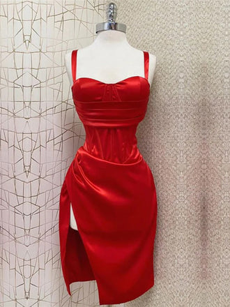Sexy Straps Mermaid Sleeveless Satin Red Homecoming Dresses with Side Slit, HD0583