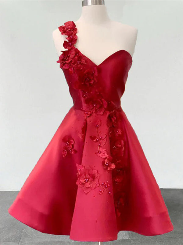 Simple A-line Short Sweetheart Flowers One Straps Red Homecoming Dresses Online, HD0586