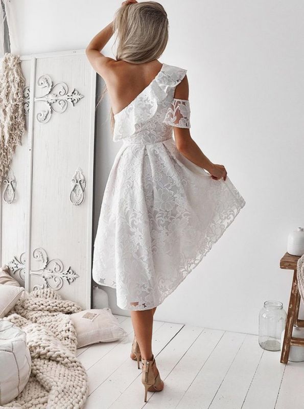 Elegant One Shoulder A-line Ruffle White Homecoming Dresses Online, HD0615