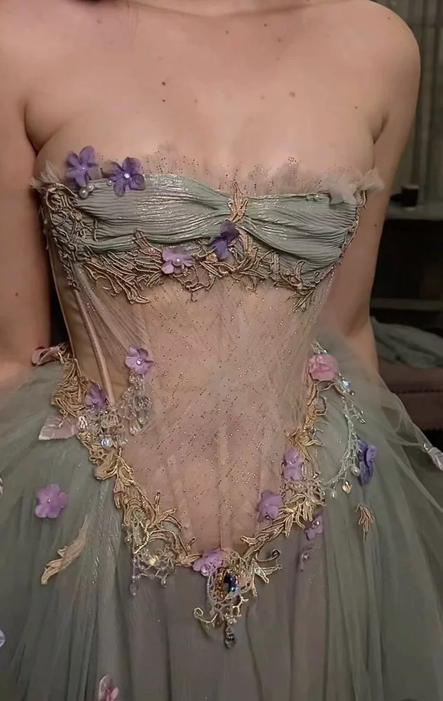 Ethereal Sage Green Fairy Prom Dress Off-Shoulder Corset Tulle Evening Gown,OLP2022
