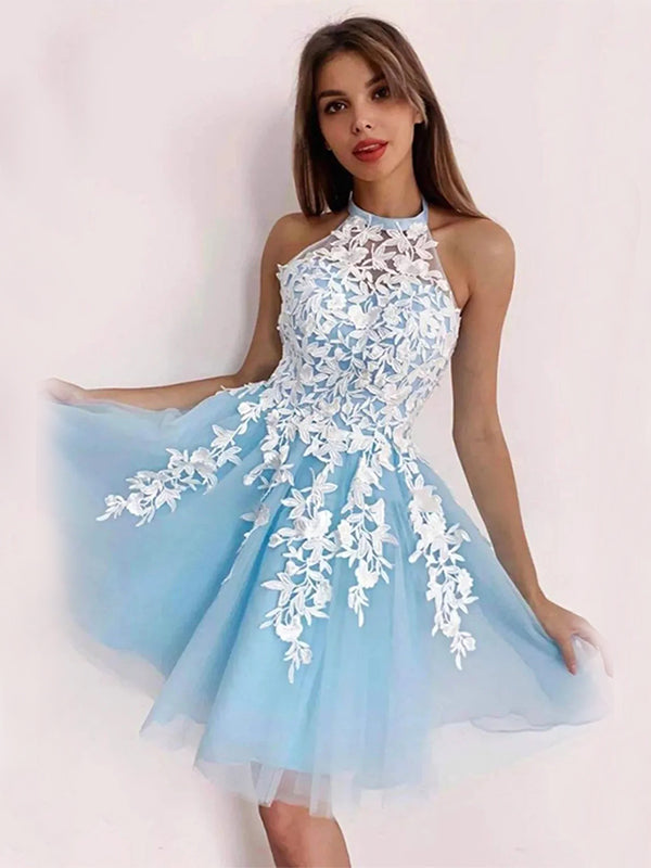 Elegant Halter Applique A-line Light Blue Homecoming Dresses Online, HD0617