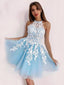 Elegant Halter Applique A-line Light Blue Homecoming Dresses Online, HD0617