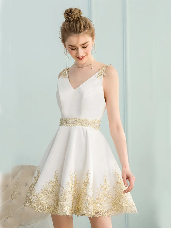 Elegant V-neck A-line Applique Short White Yellow Homecoming Dresses Online, HD0620