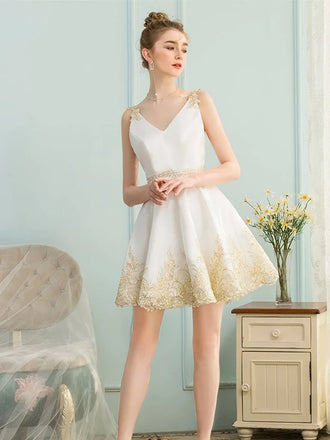 Elegant V-neck A-line Applique Short White Yellow Homecoming Dresses Online, HD0620