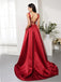 Elegant A-line V-neck Satin Red Prom Dresses Evening Dresses Online, OL697