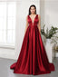 Elegant A-line V-neck Satin Red Prom Dresses Evening Dresses Online, OL697