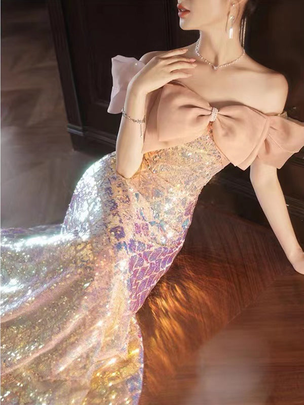 Sparkly Mermaid Off the Shoulder Sequin Prom Dresses Evening Dresses Online, OL695