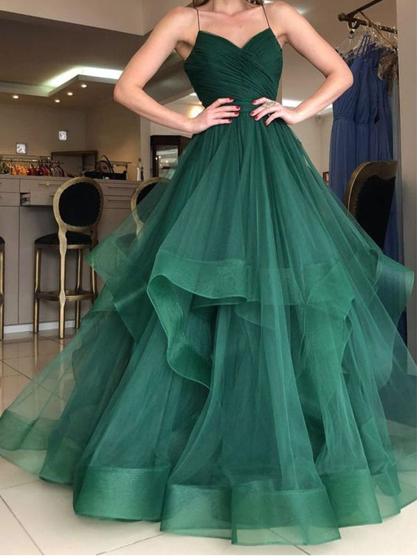 Elegant Spaghetti Straps A-line Tulle Green Long Prom Dresses Online, OL700