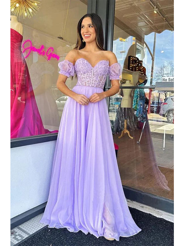 Chic Sweetheart A-line Chiffon Lilac Long Prom Dresses with Bubble Sleeves, OL703