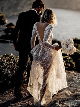 Sparkly Illusion V-neck Long Sleeves A-line Wedding Dress Online, WD0524